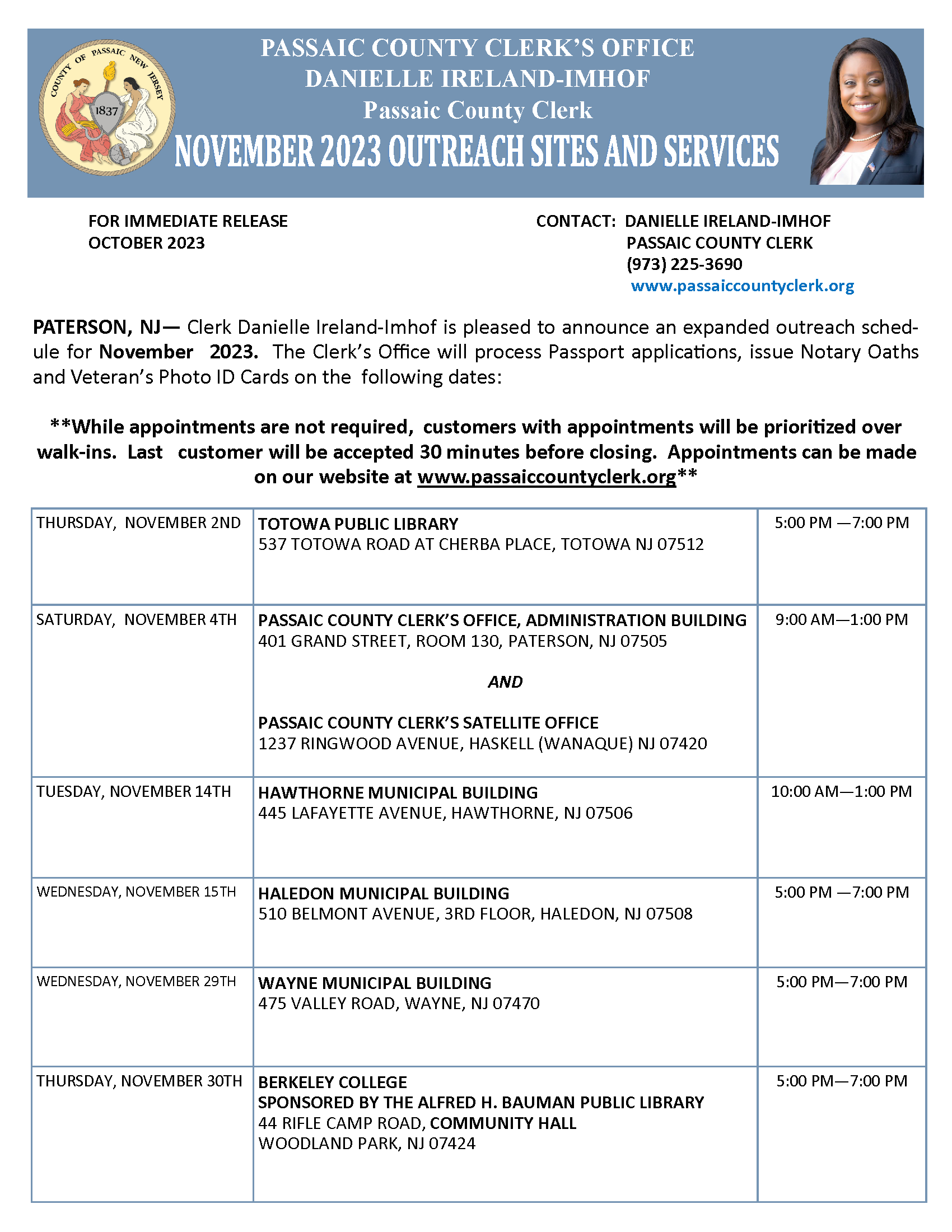 November 2023 Outreach Schedule